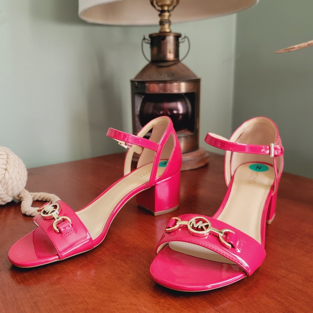 Michael Kors Serena Patent Leather Block Heel Sandals Red Size 8